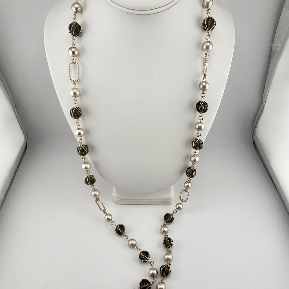 Matte‎ Silver Tone And Smoky Bead Necklace